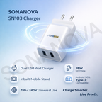 SONANOVA SN103 18W Fast Charging Dual USB Wall Charger | Type-C Compatible | Inbuilt Mobile Stand