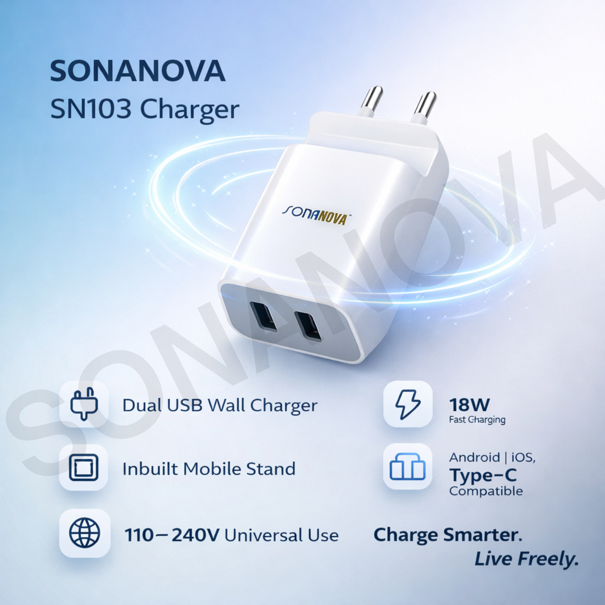 SONANOVA SN103 18W Fast Charging Dual USB Wall Charger | Type-C Compatible | Inbuilt Mobile Stand