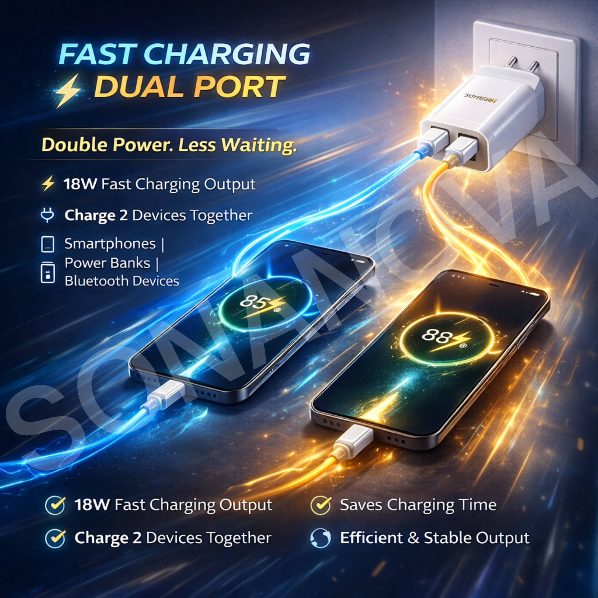 SONANOVA SN103 18W Fast Charging Dual USB Wall Charger | Type-C Compatible | Inbuilt Mobile Stand