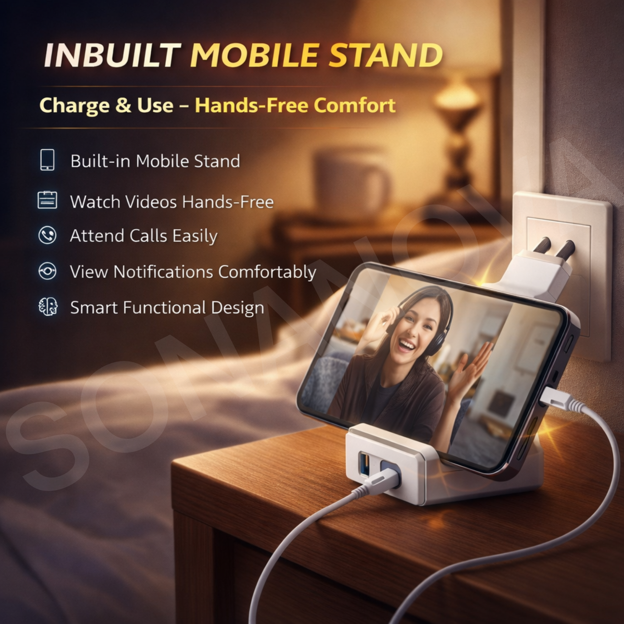 SONANOVA SN103 18W Fast Charging Dual USB Wall Charger | Type-C Compatible | Inbuilt Mobile Stand