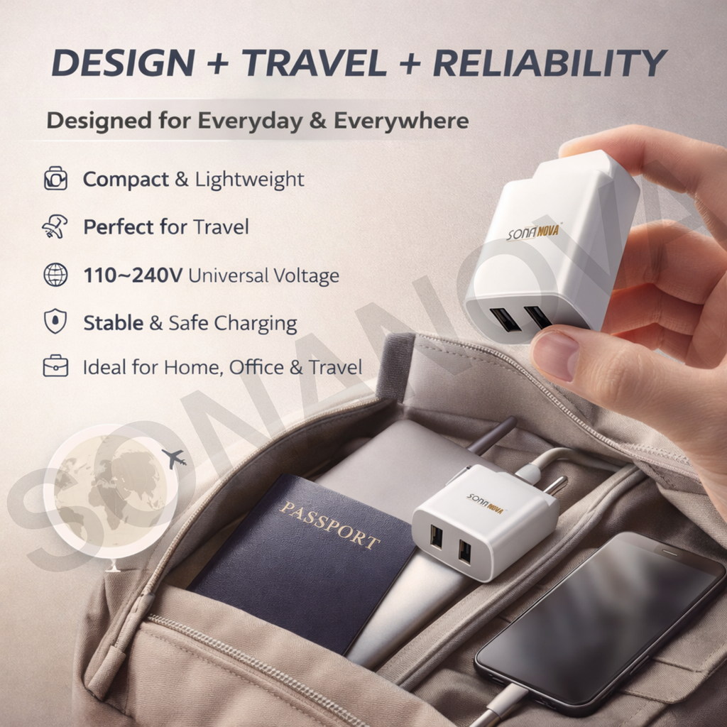 SONANOVA SN103 18W Fast Charging Dual USB Wall Charger | Type-C Compatible | Inbuilt Mobile Stand