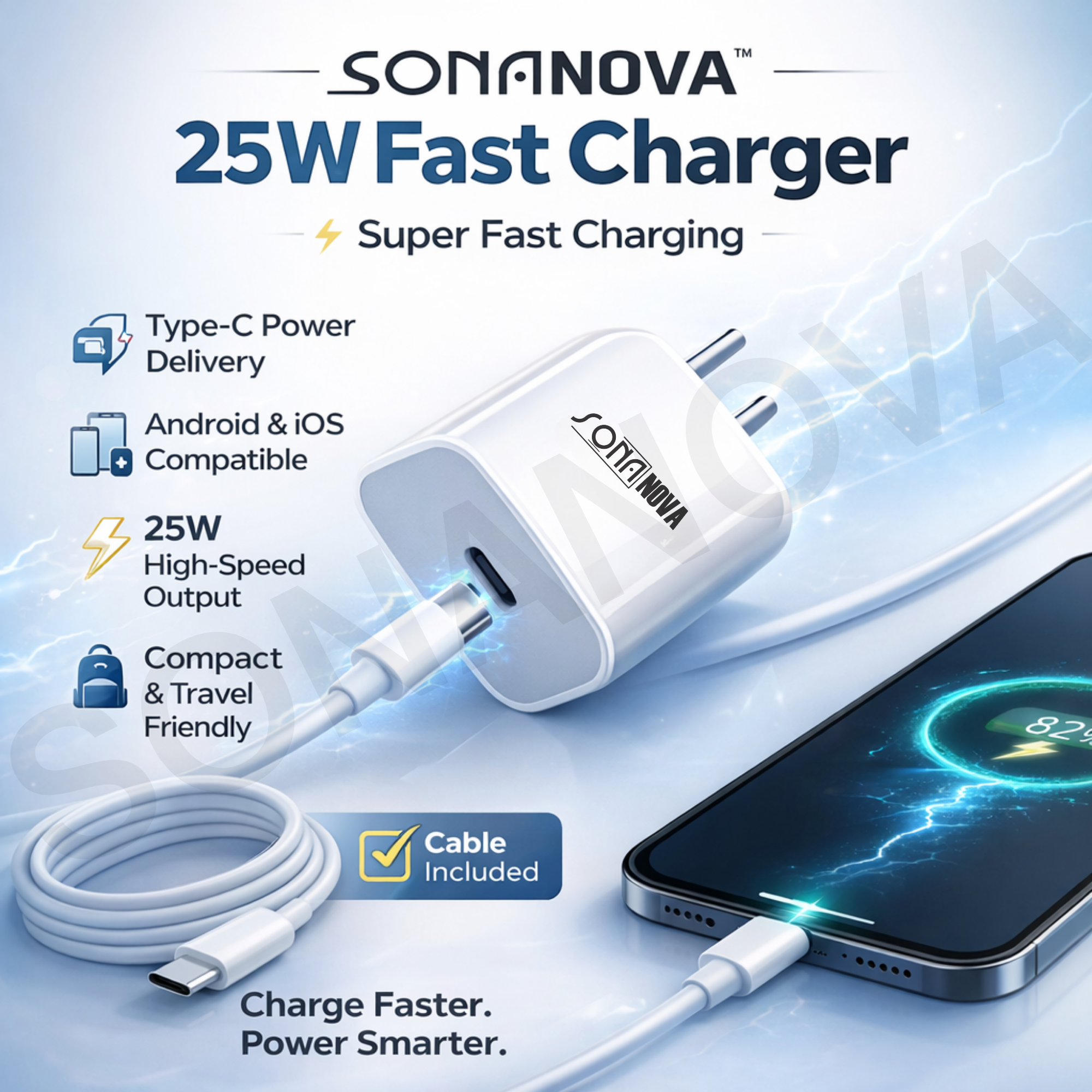 SONANOVA Fast Charger 25W  Wide Compatibility for Smartphones & Tablets | Type-C Supported