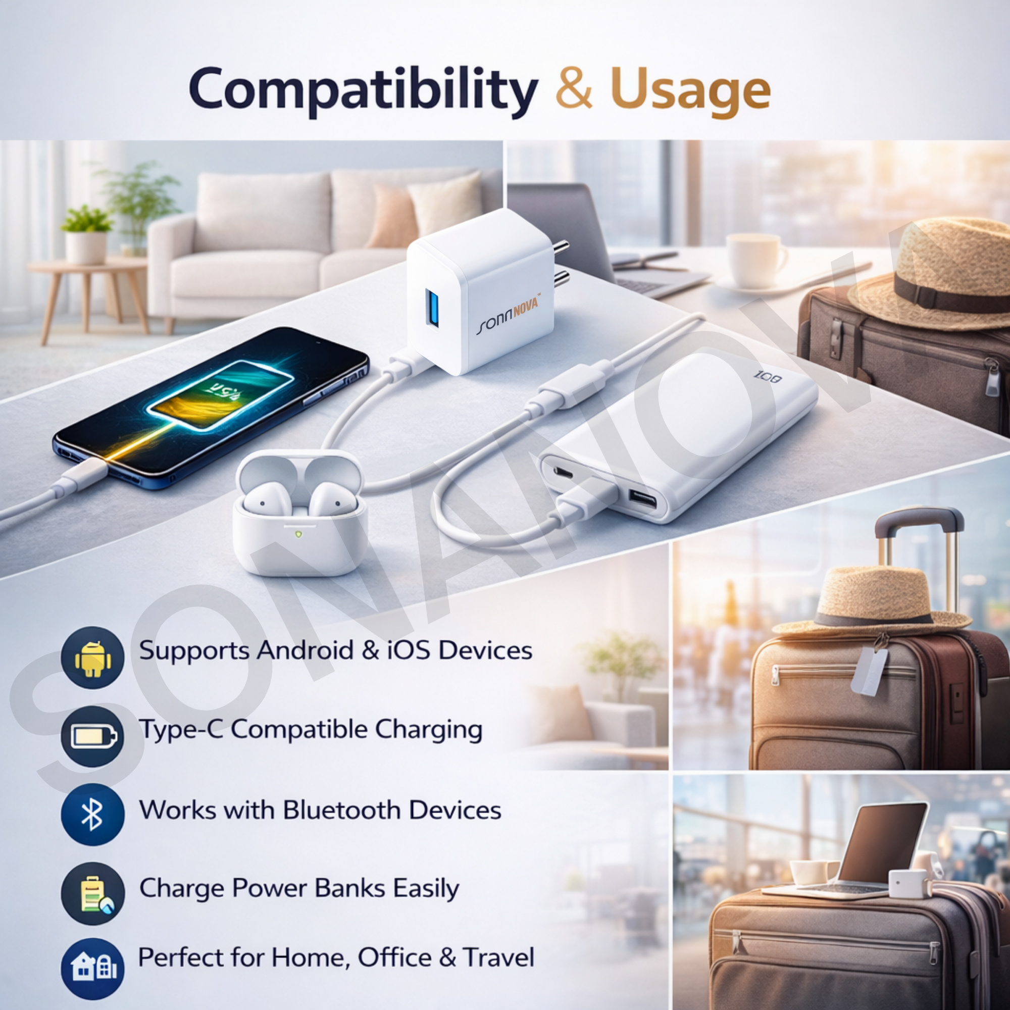 SONANOVA 2.0A Fast Charging USB Wall Charger | 110-240V Wide Voltage