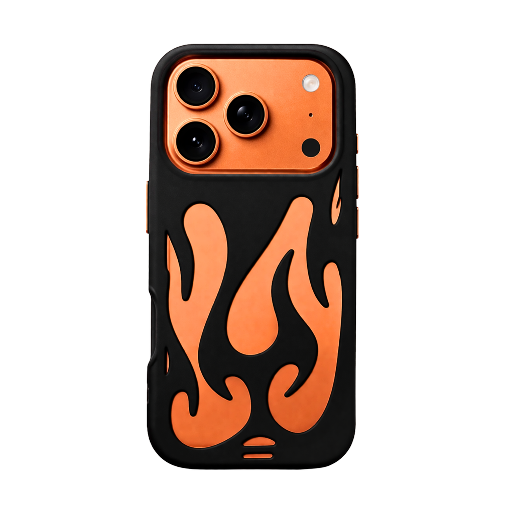 Flame Design iPhone 17 Pro Case, Premium Shockproof Protective Case, Stylish Black & Orange Fire Design