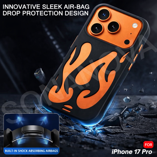 Flame Design iPhone 17 Pro Case, Premium Shockproof Protective Case, Stylish Black & Orange Fire Design
