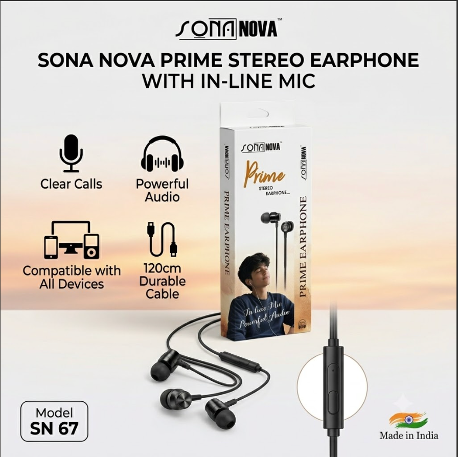 Sona Nova Prime SN 67: Premium Wired Earphones with In-Line Microphone, Dynamic Deep Bass, Durable 120cm Tangle-Free Long Cable, and Universal 3.5mm Compatibility (Made in India)