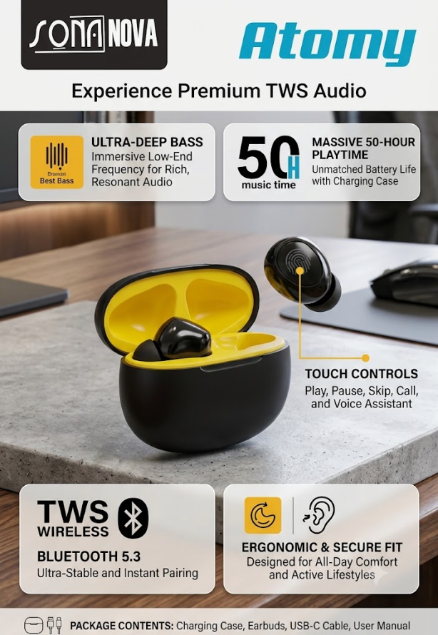 Sona Nova Atomy TWS Wireless Earbuds: 25 Hours Playtime, Ultra-Deep Bass, Bluetooth 5.3 & Smart Touch Controls