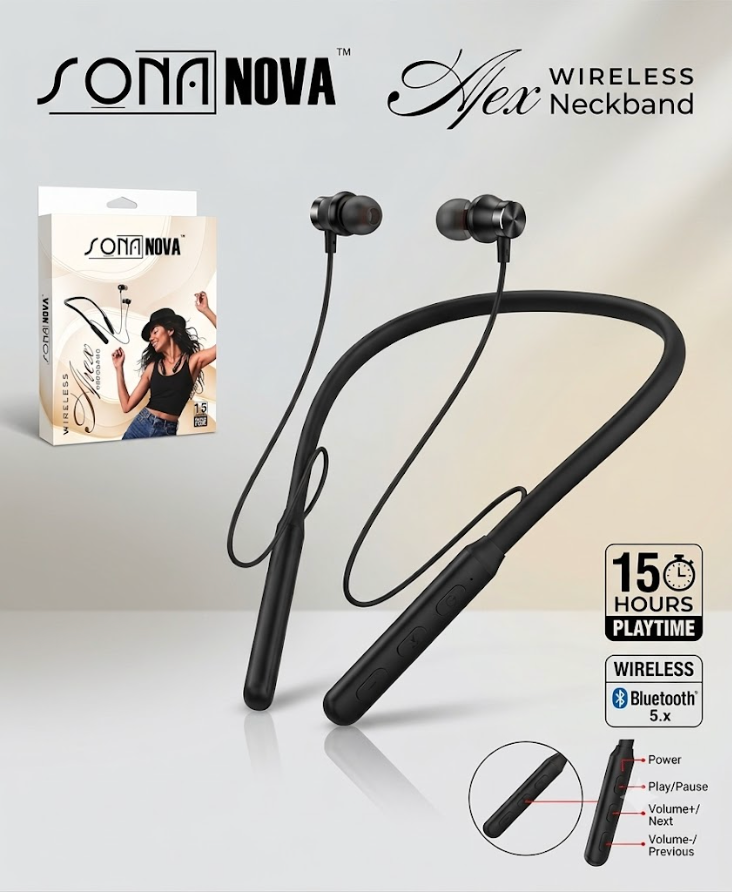 Sona Nova Apex Wireless Bluetooth Neckband Earphones with 15 Hours Playtime, Deep Bass, Ergonomic Lightweight Fit, and Multi-Function Button Controls