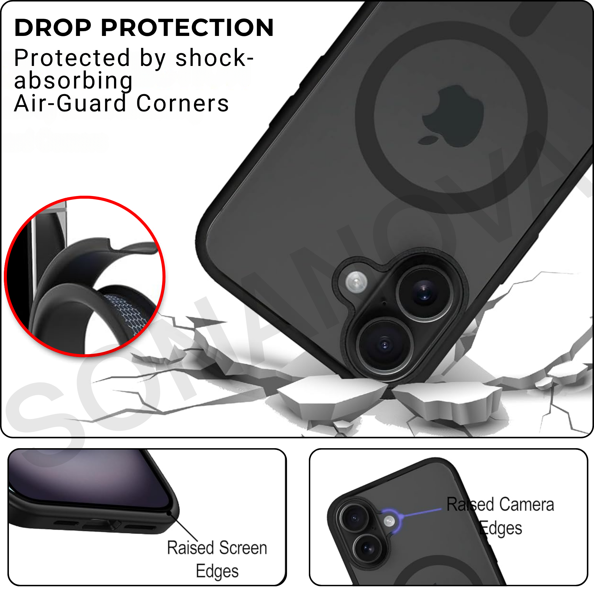 MagSafe Compatible iPhone 16 Case, Transparent & Slim Design, Shockproof, Durable, Anti-Scratch, Black Border