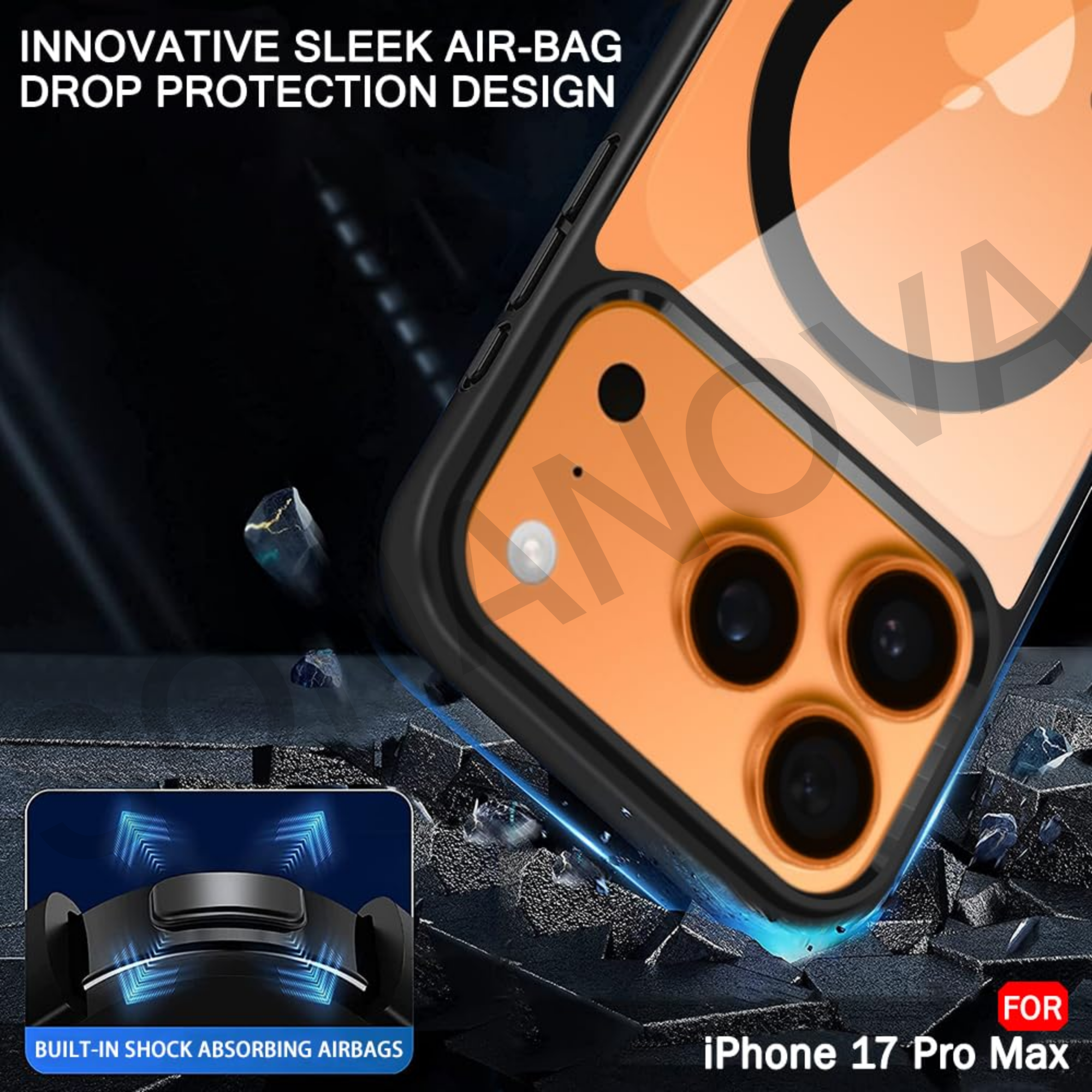 MagSafe Compatible iPhone 17 Pro Max Case, Orange Design with Black Border